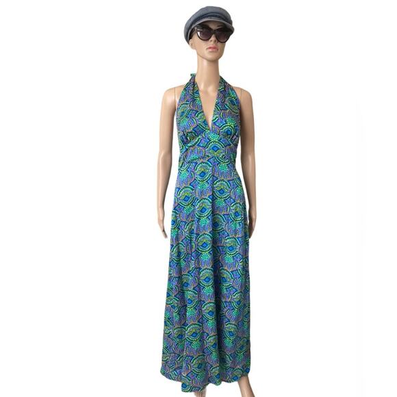 VTG The Sample Shop Waikiki 70s paisley graphic halter maxi dress size 12 - Picture 1 of 14